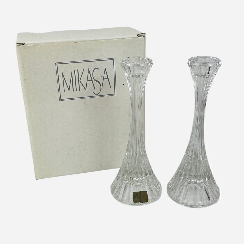 Vintage Mikasa Park Lane Crystal 8" Candleholders Set 2 Austria Tall Taper Stick